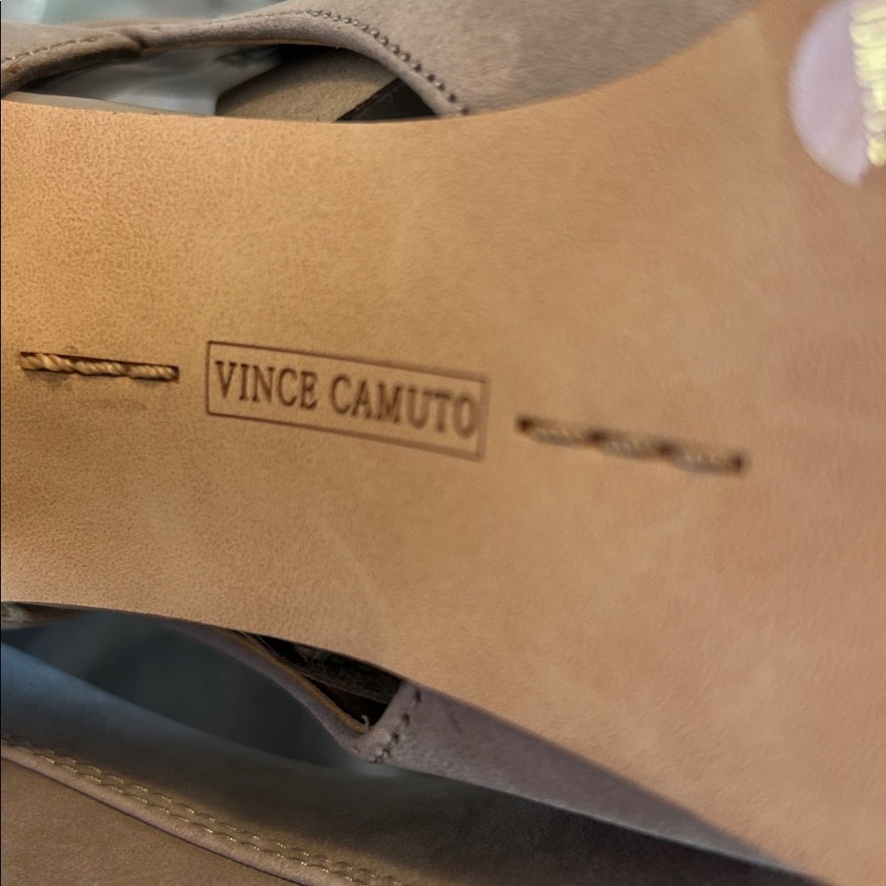Vince Camuto Taupe Suede Open-Toe Stacked Heel Booties - Picture 9 of 11
